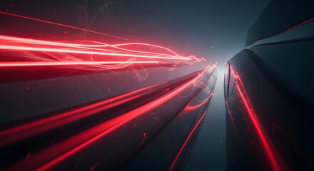 Abstract red light trails streak across dark futuristic surface representing speed data transfer technology motion energy and power