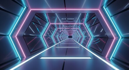 Futuristic neon tunnel perspective abstract background cyberspace science fiction glowing corridor digital void