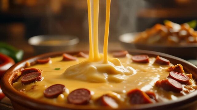 Hot melted cheese sauce is poured over a mexican queso fundido of sliced sausages and chili