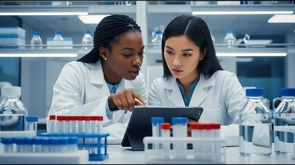 Two female scientists collaborating in a modern laboratory with digital tablet - Powered by Adobe