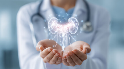 Doctor holding glowing human kidneys with digital network image