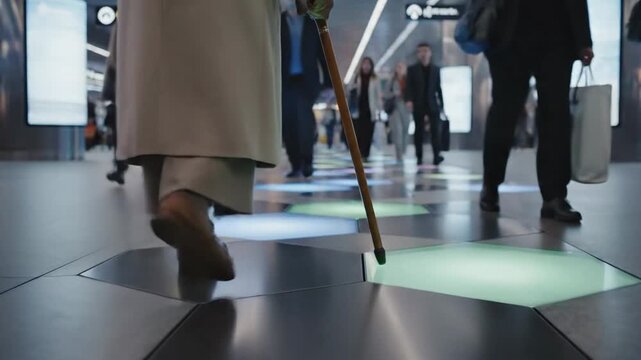 Kinetic energy tiles capturing footsteps in a bustling modern transit station, showcasing future urban technology and pedestrian movement.