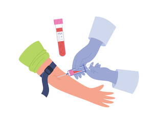 Drawing blood from a patient's vein for analysis PSA. Laboratory blood test. Preventive medicine and research vector illustration