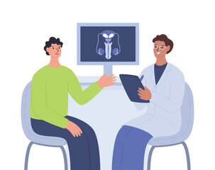 Visit to the urologist. Man sitting in front of the doctor who makes notes. Health care vector illustration