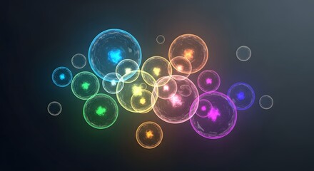 Colorful glowing cell cluster abstract background science biology medicine technology digital art futuristic vibrant spheres