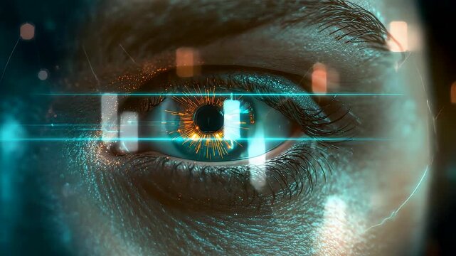 Intense human eye with glowing orange iris scanned by blue digital HUD scan lines and data overlay