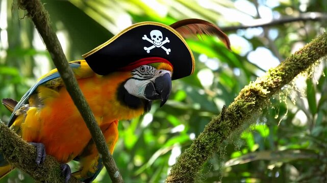 Pirate Parrot Perched on Mossy Branch