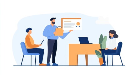 Business professional presenting a certificate or award to seated colleagues during a small office meeting