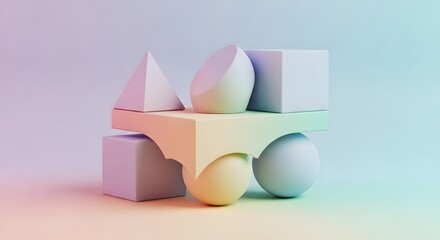 Abstract geometric shapes composition balance stability pastel colors soft gradient background minimalist 3d render design