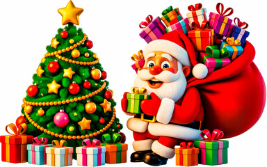 Naklejka premium A Cheerful Santa Claus holding gifts next to a decorated Christmas tree isolated on a transparent background