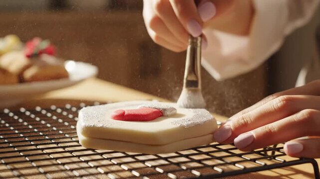 Close-up of hands decorating a heart-shaped cookie with white icing and a red heart detail on a cooling rack.