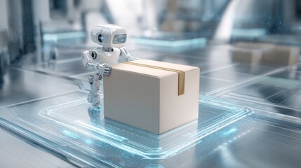 Futuristic white android robot carefully transports a sealed cardboard shipping package in a high tech warehouse setting