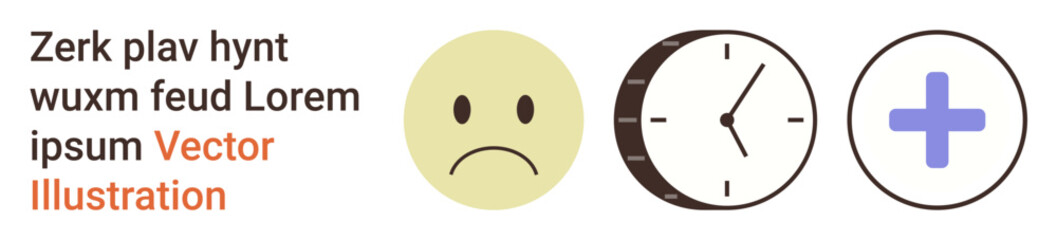 Mental health, time management, healthcare, decision-making, scheduling, well-being. Sad face, clock and plus sign symbols. Mental health and time management concept