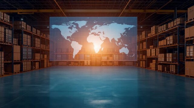 Massive world map projection glowing with sunrise over vast empty warehouse shelves and reflective floor