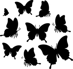 Black Silhouette Collection of 8 Butterflies from Small to Large