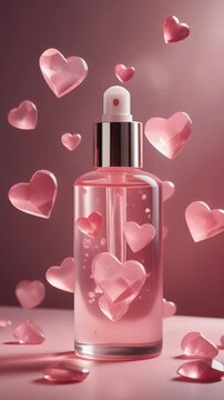 Shimmering pink hearts adorn a beauty elixir bottle in soft light