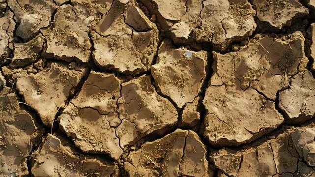 A close-up of parched soil with deep cracks, indicative of drought or arid conditions.