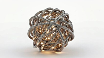 Modern Metallic String Lights Twisted into a Glossy Tangled Knot Against a Bright White Backdrop