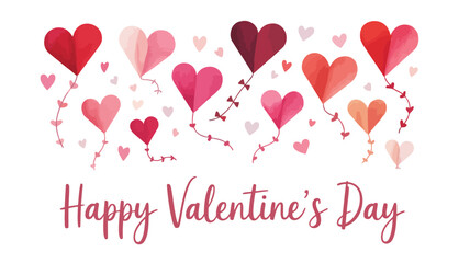 Colorful heart shaped balloons floating in air with happy valentines day text on white background, illustration for romantic concepts