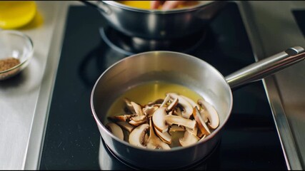 Close-up of a cook's hands placing sliced ​​mushrooms (buttonhole/shiitake) in a pan with olive oil. Healthy stovetop cooking.