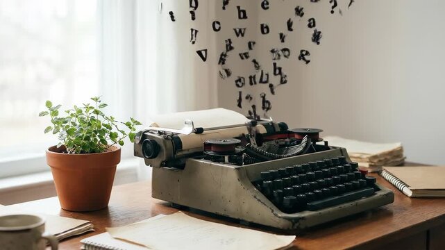 Typewriter produces letters floating into air while sitting on wooden desk near potted plant. Bright room setting with natural light pouring in. Concept of writing, creativity, office