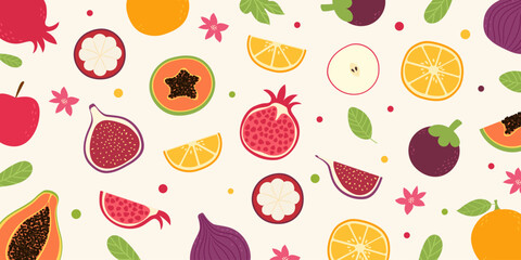 Hand drawn doodle tropical fruits background. Summer pattern.