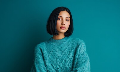 Fototapeta premium A woman wearing a blue sweater