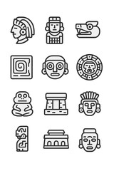 Ancient Mesoamerican civilization featuring tribal masks, deities, and architectural symbols