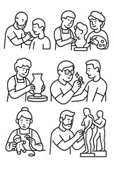 Set of outline icons depicting people engaged in sculpting and pottery activities