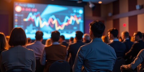 Fototapeta premium Audience watching data presentation on a large screen during a conference.