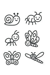 Simple outline insect icons collection featuring snail ant beetle butterfly and dragonfly characters