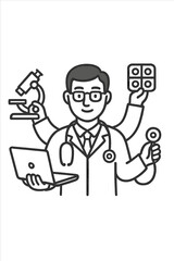 Multitasking medical doctor holding microscope, laptop, and medicine blister pack
