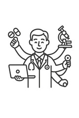 Multitasking doctor with multiple arms holding medical equipment and technology