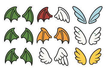 Colorful fantasy wings icons set featuring dragon, bat, and angel styles