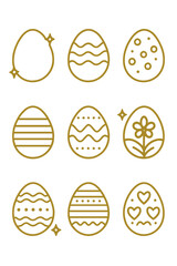 Golden outline decorated Easter eggs featuring various patterns and holiday symbols