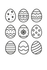 Nine black and white doodle style Easter eggs with various festive patterns