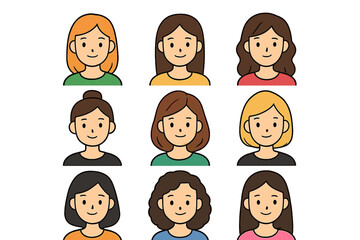 Diverse female avatar portraits with various hairstyles and hair colors for user profile icons