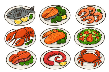 Variety of cooked seafood dishes: salmon, shrimp, lobster, crab, octopus, and whole fish served on plates