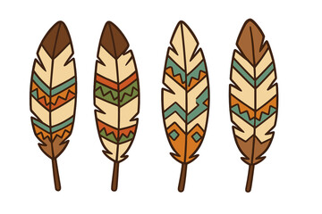 Set of four decorative feathers with colorful ethnic patterns in bohemian style