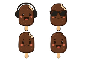 Four cute chocolate ice cream bar characters showing different emotions and accessories