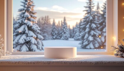 Fototapeta premium Empty white podium on a snowy windowsill with a blurred winter forest background and bokeh lights