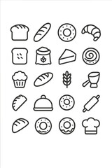 Outline symbols for bakery products, bread, pastries, donuts, and baking equipment