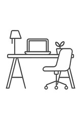 Fototapeta premium Modern minimalist home workspace setup featuring desk laptop chair and lamp
