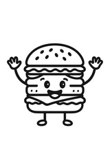 Adorable smiling hamburger character waving hands in simple black and white outline style