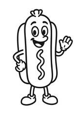 Happy cartoon hot dog mascot character waving hand in black and white line art