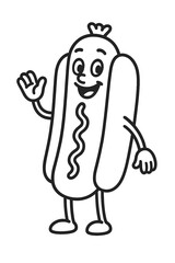 Smiling cartoon hot dog mascot character waving in retro outline style