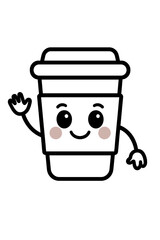 Adorable disposable coffee cup mascot with a smiling face waving hand gesture