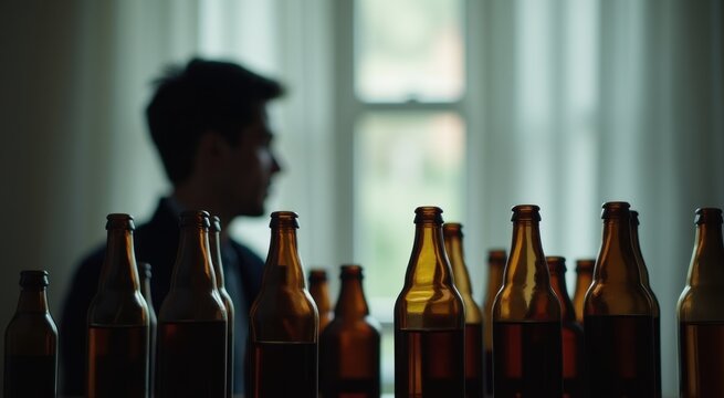Many bottles of beer sitting on a table with a man in the background