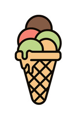 Delicious multi-scoop ice cream dessert melting in a classic waffle cone