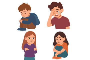 Children characters expressing strong negative emotions like sadness, distress, and anger